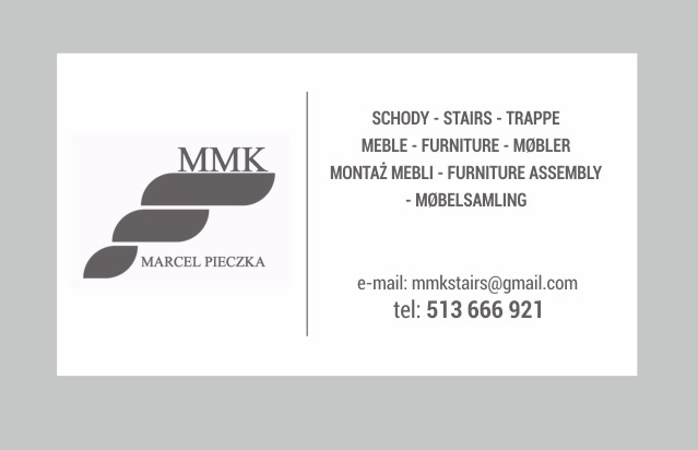 Wizytówka firmy MMK Marcel Pieczka oferującej schody, meble i montaż mebli, z logo składającym się z trzech stylizowanych elementów przypominających schody, oraz danymi kontaktowymi: e-mail i numer...