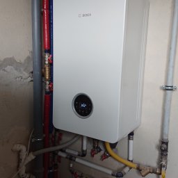 EUROTECH Spółka z o.o. - Biały, wiszący piec gazowy marki Bosch z podłączeniami rur miedzianych, plastikowych i gazowych, zamontowany na surowej, pomalowanej ścianie w piwnicy.