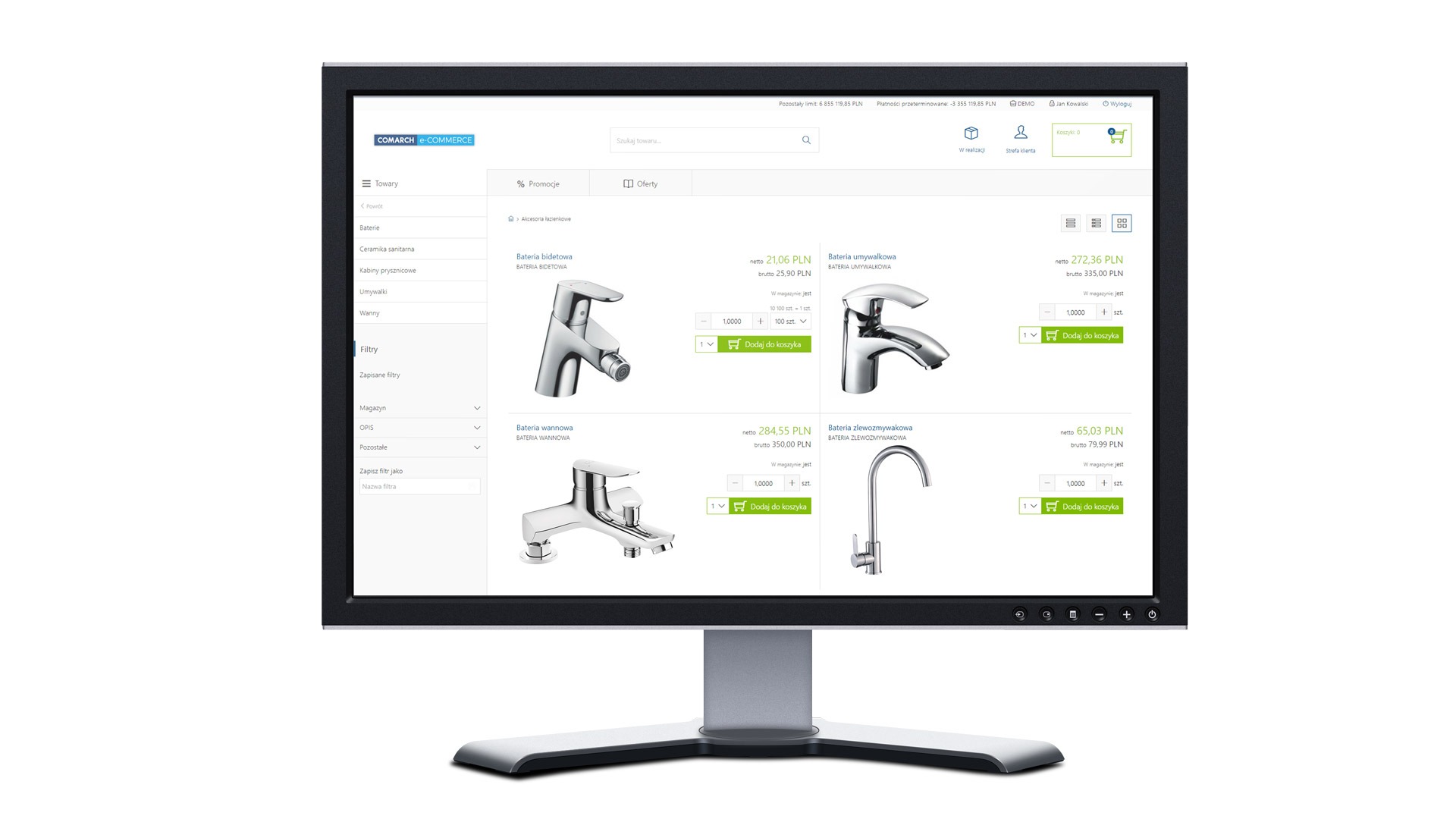 Monitor wyświetlający sklep internetowy z bateriami łazienkowymi, prezentujący różne modele baterii umywalkowych, bidetowych, wannowych i zlewozmywakowych.