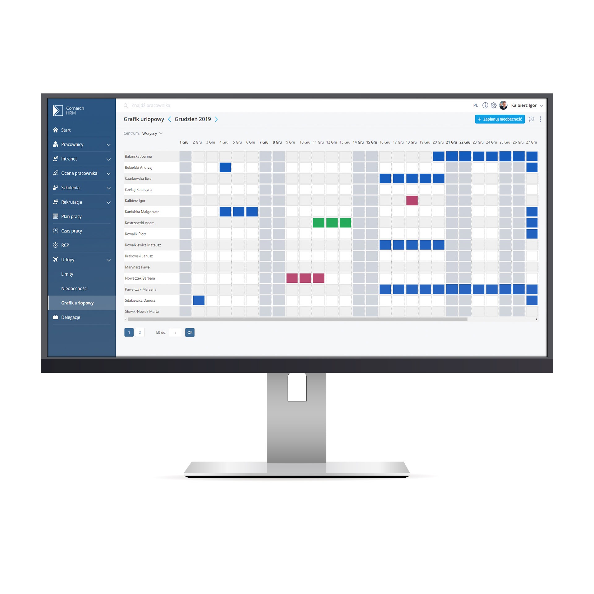 Ekran monitora wyświetlający interfejs oprogramowania do zarządzania czasem pracy i urlopami pracowników, z zaznaczonymi dniami urlopów w grudniu 2019 dla poszczególnych osób.