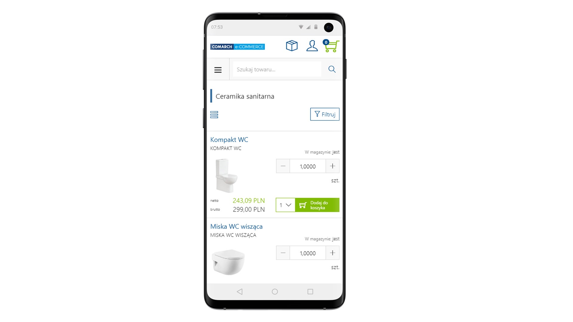 Ekran smartfona prezentujący mobilną wersję sklepu internetowego z ceramiką sanitarną, widoczne oferty kompakt WC i miski WC wiszącej.