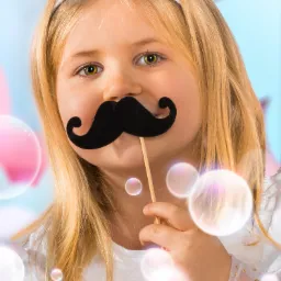 Dziewczynka z blond włosami i zielonymi oczami trzyma przed twarzą czarny, papierowy wąs na patyku, ubrana w białą bluzkę z gwiazdkami i opaskę z piórami, otoczona bańkami mydlanymi na jasnym tle.