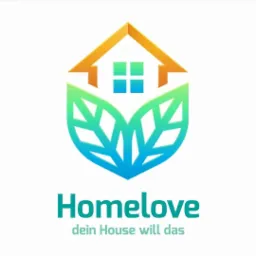 Logo firmy HomeLove przedstawiające stylizowany dom z dachem w kolorze złota i oknami w kolorze niebieskim, umieszczony wewnątrz zielono-niebieskiego liścia.