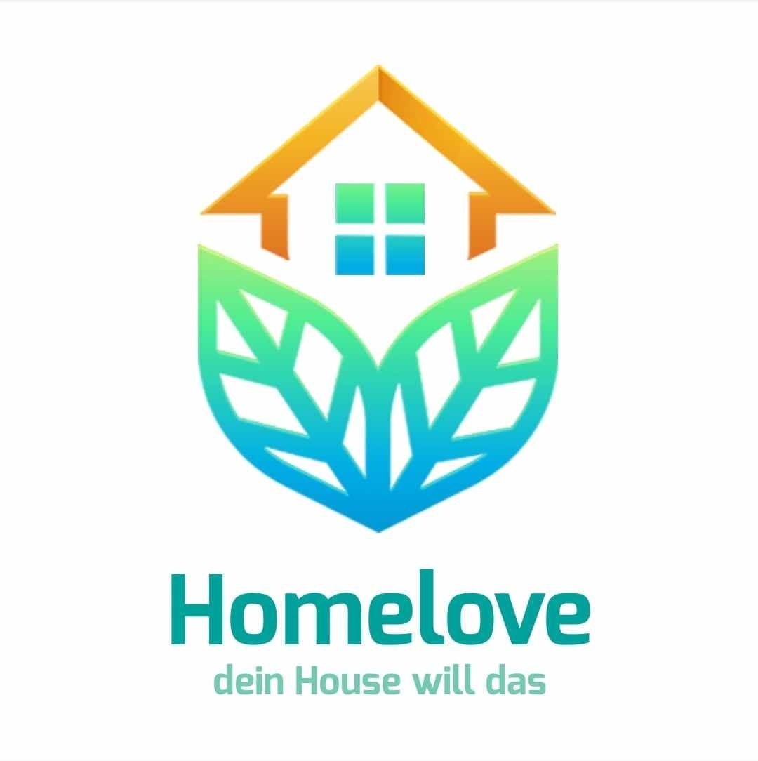 Logo firmy HomeLove przedstawiające stylizowany dom z dachem w kolorze złota i oknami w kolorze niebieskim, umieszczony wewnątrz zielono-niebieskiego liścia.