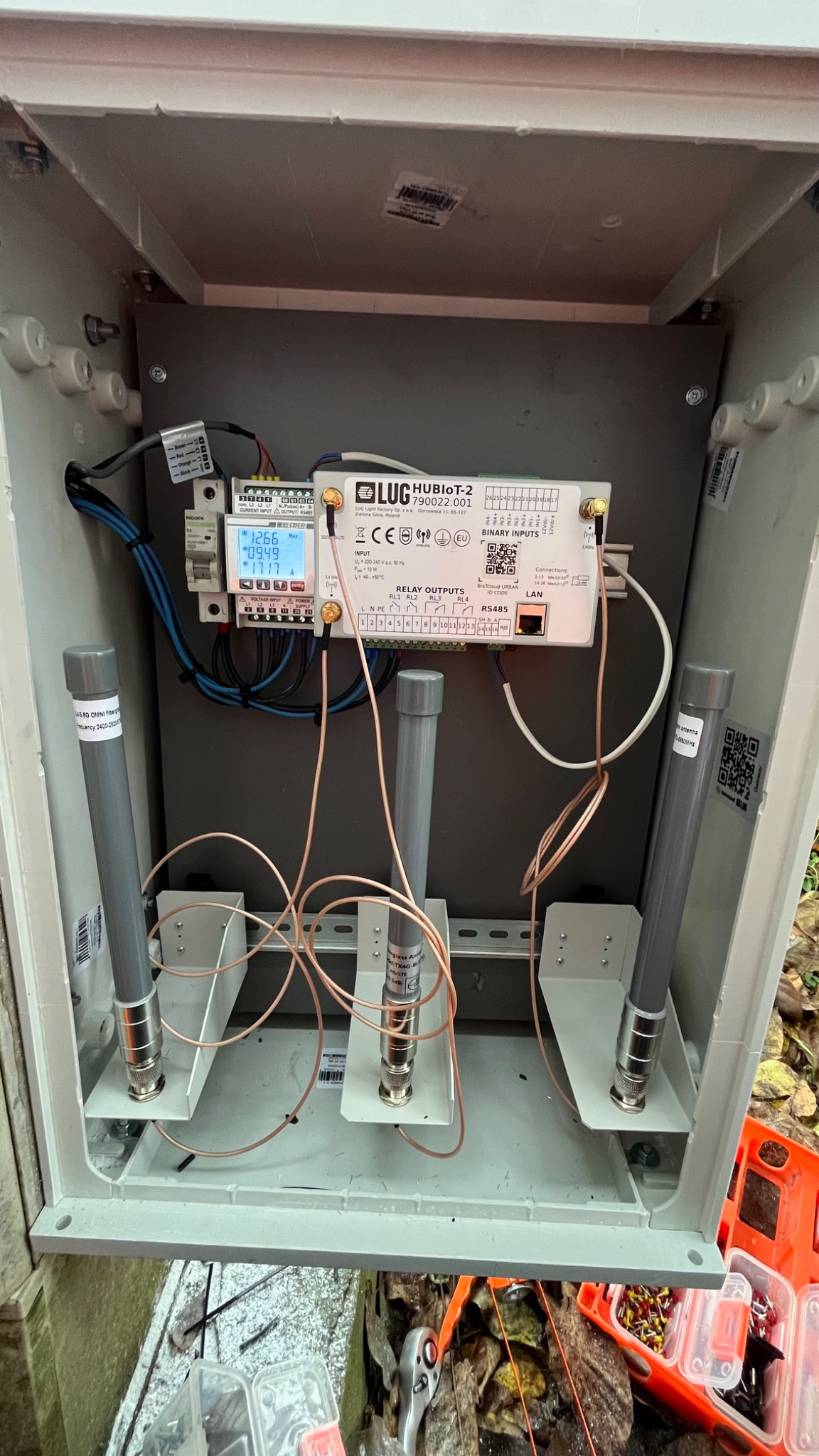 Wnętrze szarej skrzynki z zamontowaną elektroniką: licznik energii, moduł LUG hubIoT-2, trzy anteny z szarymi osłonami i podłączone przewody. Na dnie skrzynki widoczne narzędzia i elementy montażowe.