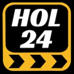 Logo firmy HOL 24 na czarno-żółtym tle z motywem strzałek w dolnej części.