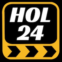 Logo firmy HOL 24 na czarno-żółtym tle z motywem strzałek w dolnej części.