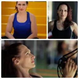 Kobieta w sportowym stroju, kolaż trzech ujęć: siedząca na żółtych schodach, stojąca w siłowni i profil z uchwytami do ćwiczeń.