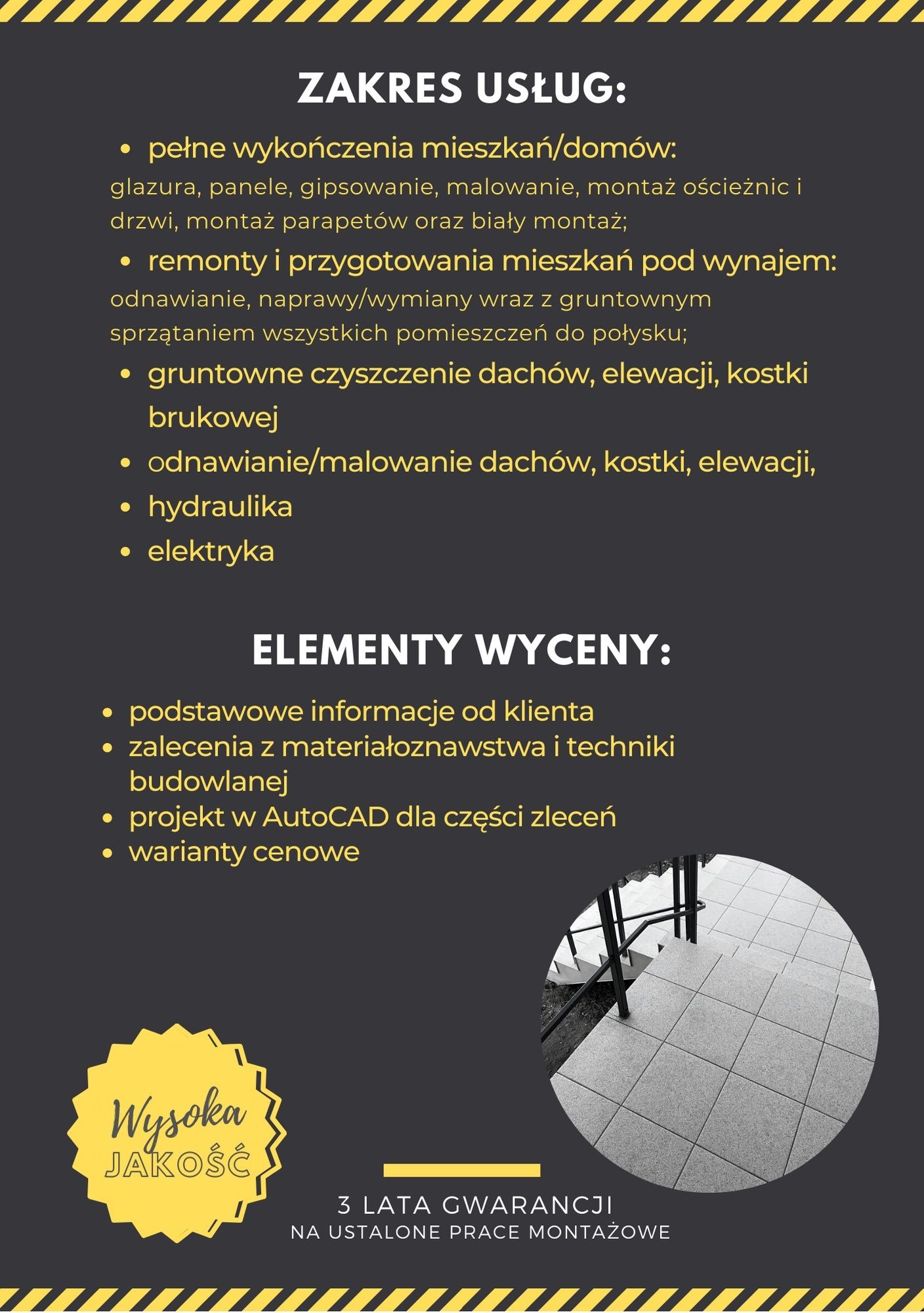 Grafika reklamowa z zakresem usług, obejmującym pełne wykończenia mieszkań, remonty, czyszczenie dachów i elewacji, hydraulikę, elektrykę, oraz elementy wyceny, z gwarancją na montaż i znaczkiem...