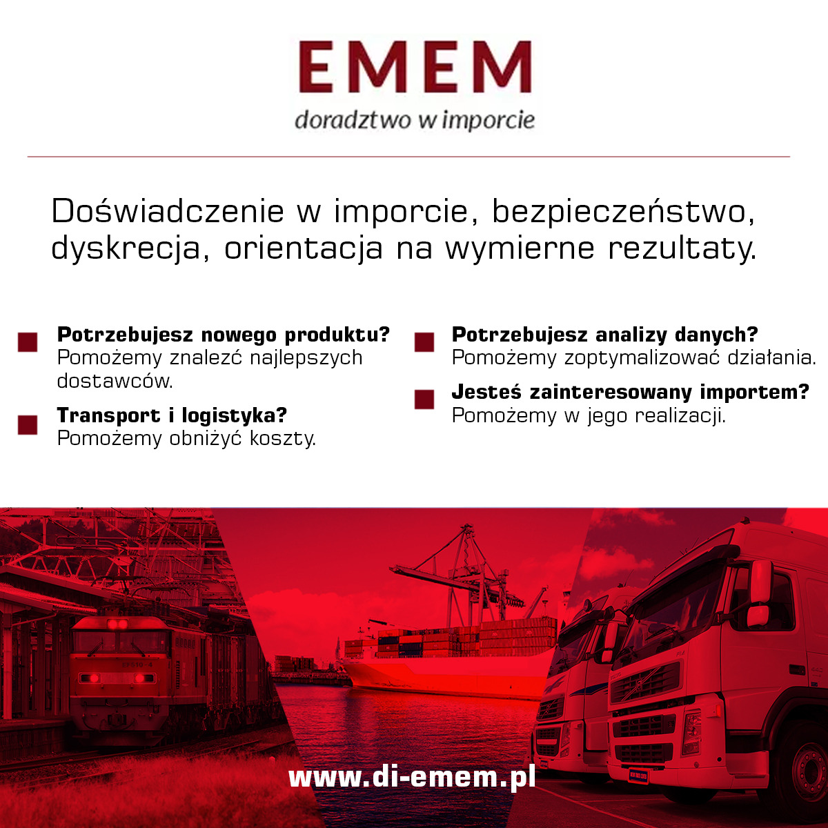 Logo firmy EMEM doradzającej w imporcie, z wizualizacją transportu kolejowego, morskiego i drogowego w tle.