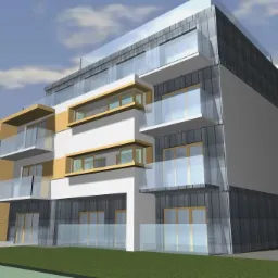 Wizualizacja 3D nowoczesnego budynku wielorodzinnego z balkonami i elewacją w kolorach bieli, szarości i drewna, widok z perspektywy przechodnia.