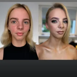 Prezentacja efektu wizualnego przed i po wykonaniu usługi kosmetycznej w Słupsku. Po lewej stronie twarz bez upiększeń, po prawej profesjonalnie wykonany make-up z wyraźnie podkreślonymi oczami...