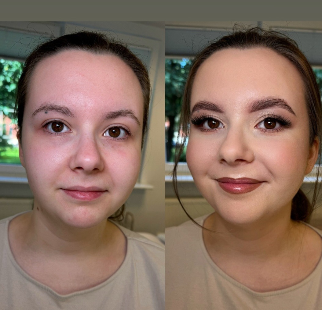 Portret kobiety przed i po makijażu: widoczne różnice w konturowaniu, podkreślonych brwiach, rzęsach i błyszczących ustach, z naturalnym oświetleniem okiennym w tle.