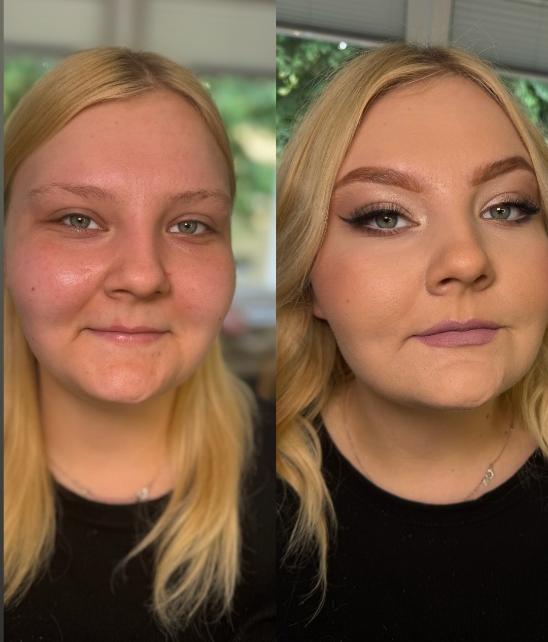 Portret blondynki przed i po aplikacji kosmetyków: wyrównany koloryt cery, podkreślone brwi, delikatny eyeliner i matowa pomadka w odcieniu mauve.
