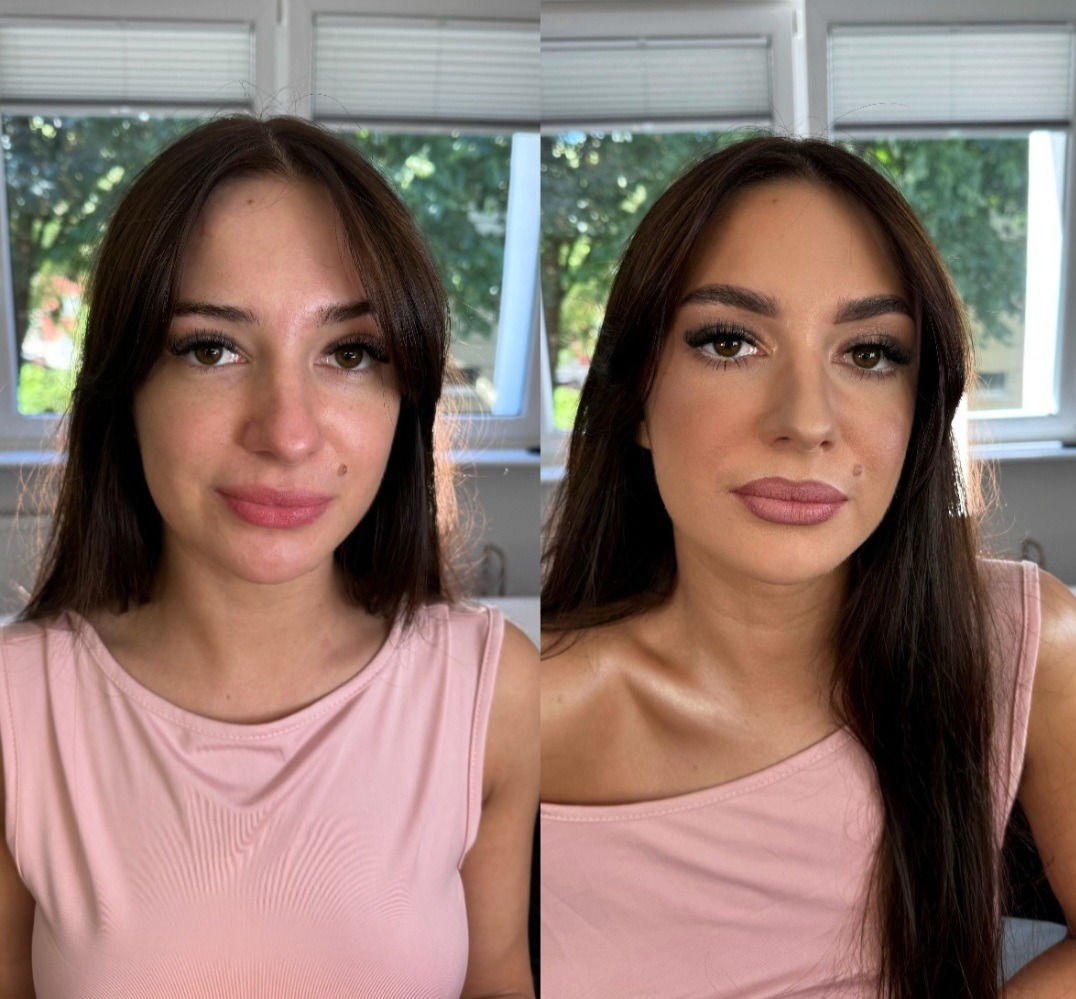 Portret kobiety przed i po aplikacji kosmetyków upiększających, widoczne różnice w konturowaniu twarzy, podkreślonych oczach i ustach, na tle okna z zielenią.