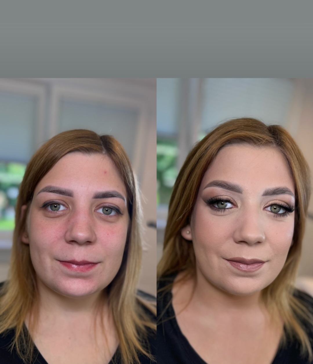 Porównanie twarzy kobiety przed i po aplikacji kosmetyków: wyrównany koloryt, podkreślone oczy i usta w odcieniach nude, widoczne sztuczne rzęsy.
