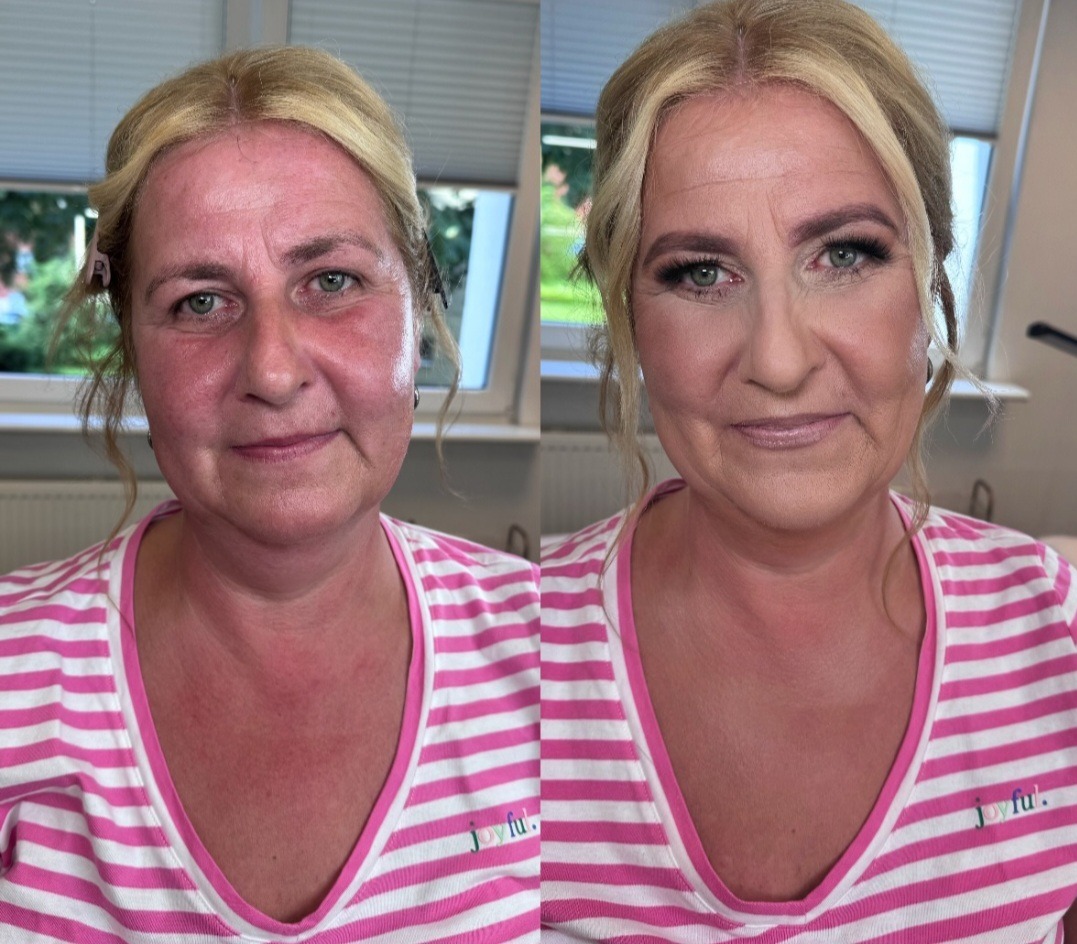 Zdjęcie typu 'przed i po' prezentujące transformację kobiety po wykonaniu zabiegu upiększającego. Po lewej stronie widoczna jest twarz bez upiększeń, po prawej - z delikatnym, dziennym wizażem.