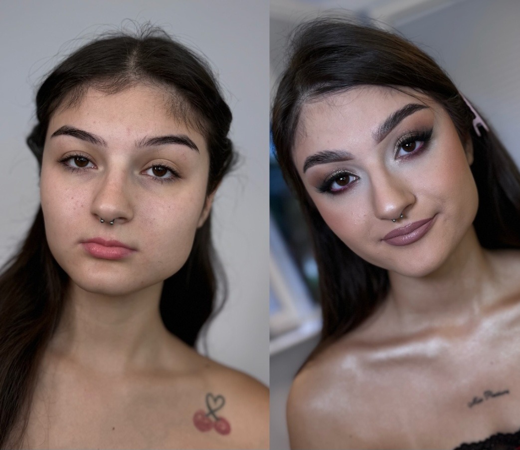 Portret kobiety przed i po aplikacji kosmetyków: cera bez skazy, podkreślone oczy z subtelnym błyskiem, brwi wymodelowane, usta w odcieniu nude, widoczny kolczyk w przegrodzie nosowej, tatuaż...