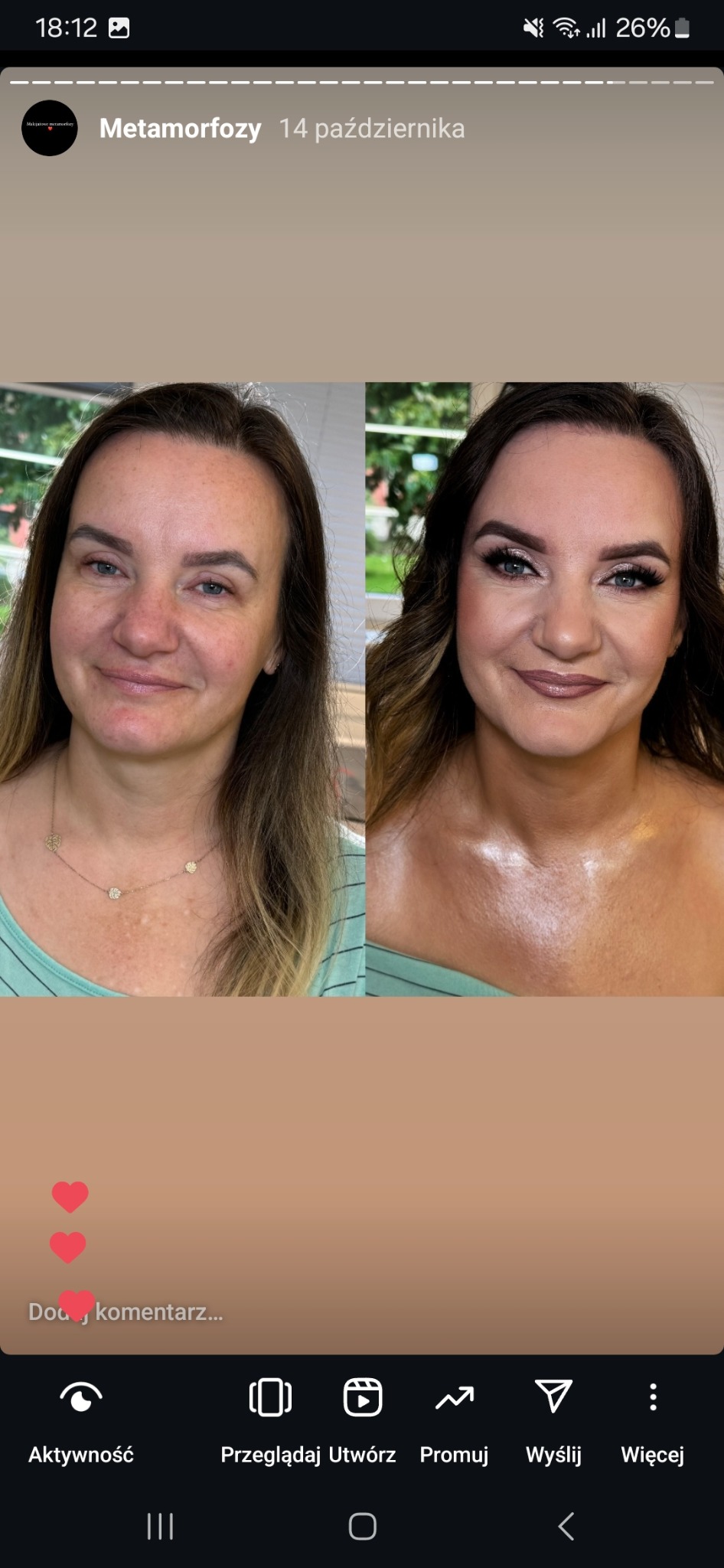 Porównanie przed i po: kobieta z naturalnym wyglądem po lewej i z profesjonalnym upiększeniem po prawej stronie, uwydatniającym rysy twarzy i dodającym blasku.