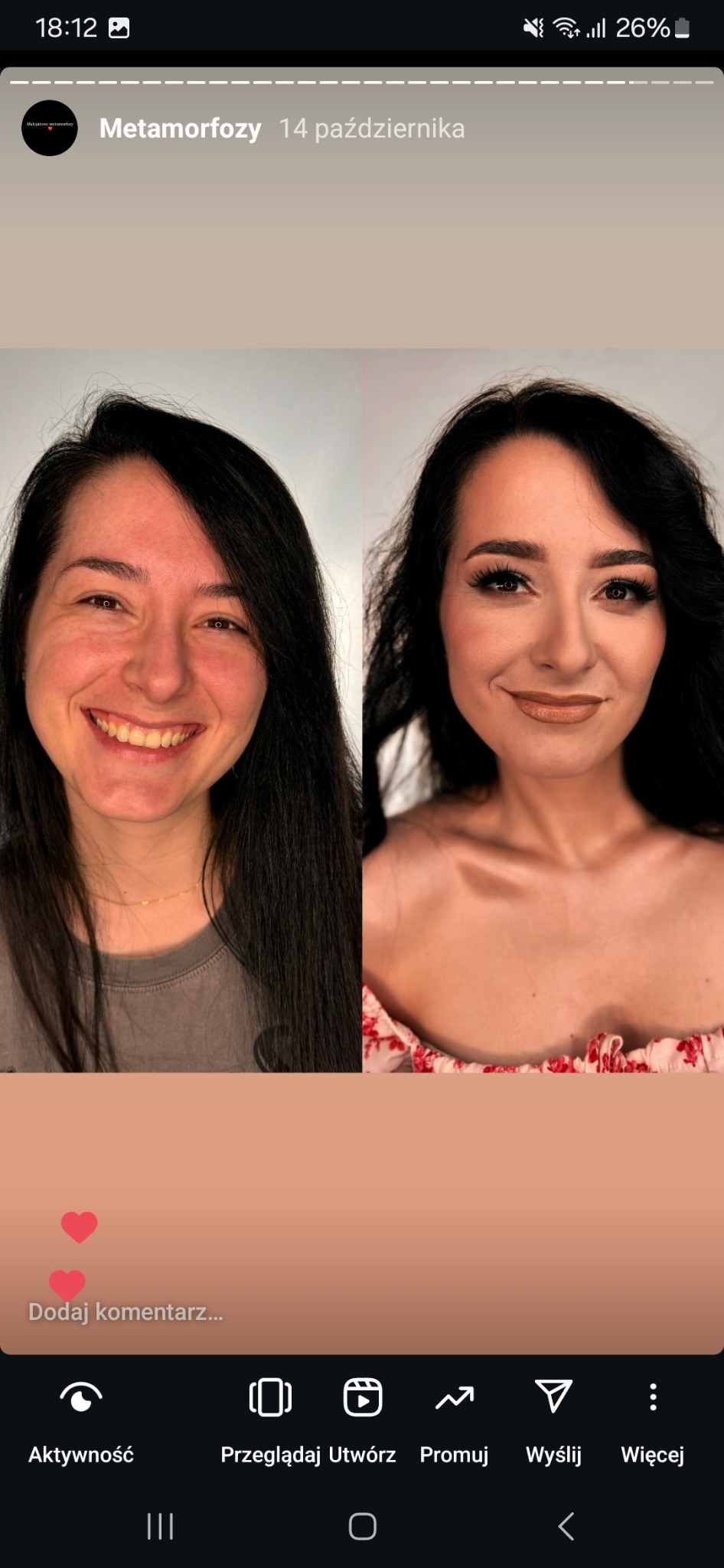 Portret kobiety przed i po wykonaniu profesjonalnego upiększenia: po lewej naturalny uśmiech, po prawej wyraziste oko, brązowe usta i podkreślone kości policzkowe.