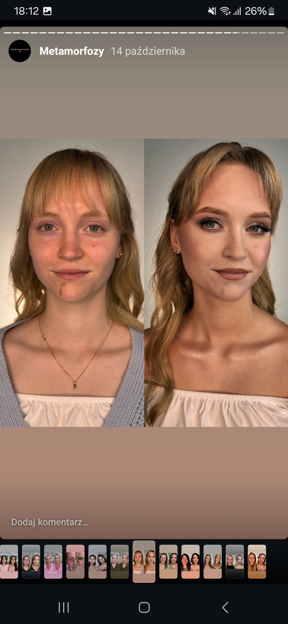 Portret blondynki przed i po makijażu, widoczna różnica w wyglądzie cery, oczu i ust, z delikatnym podkreśleniem kości policzkowych i brwi.