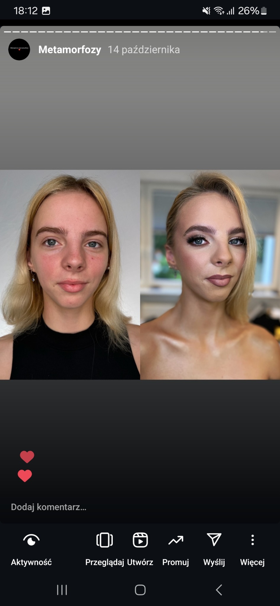 Prezentacja efektu wizualnego przed i po wykonaniu usługi kosmetycznej w Słupsku. Po lewej stronie twarz bez upiększeń, po prawej profesjonalnie wykonany make-up z wyraźnie podkreślonymi oczami...