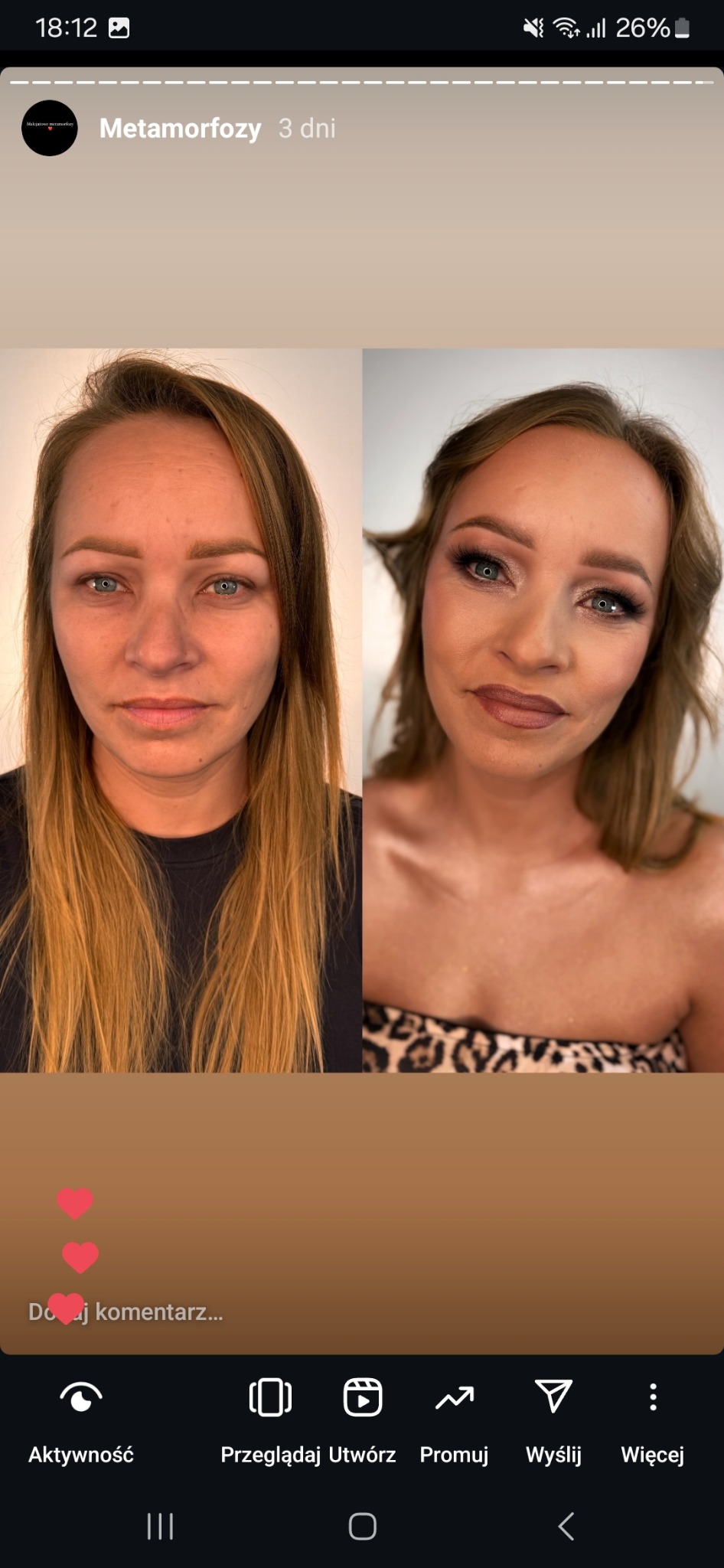 Portret kobiety przed i po aplikacji kosmetyków kolorowych, widoczne podkreślone oczy i usta, zmiana fryzury.