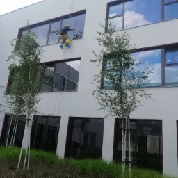 Pracownik w uprzęży, myjący okna na wysokościach nowoczesnego biurowca z białymi elewacjami, widoczne drzewa w otoczeniu budynku.