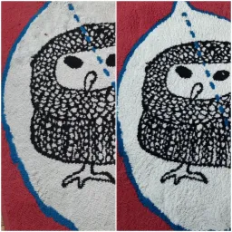 Dywanik łazienkowy z motywem sowy, porównanie stanu przed i po czyszczeniu, widoczne różnice w kolorze i usunięte zabrudzenia.