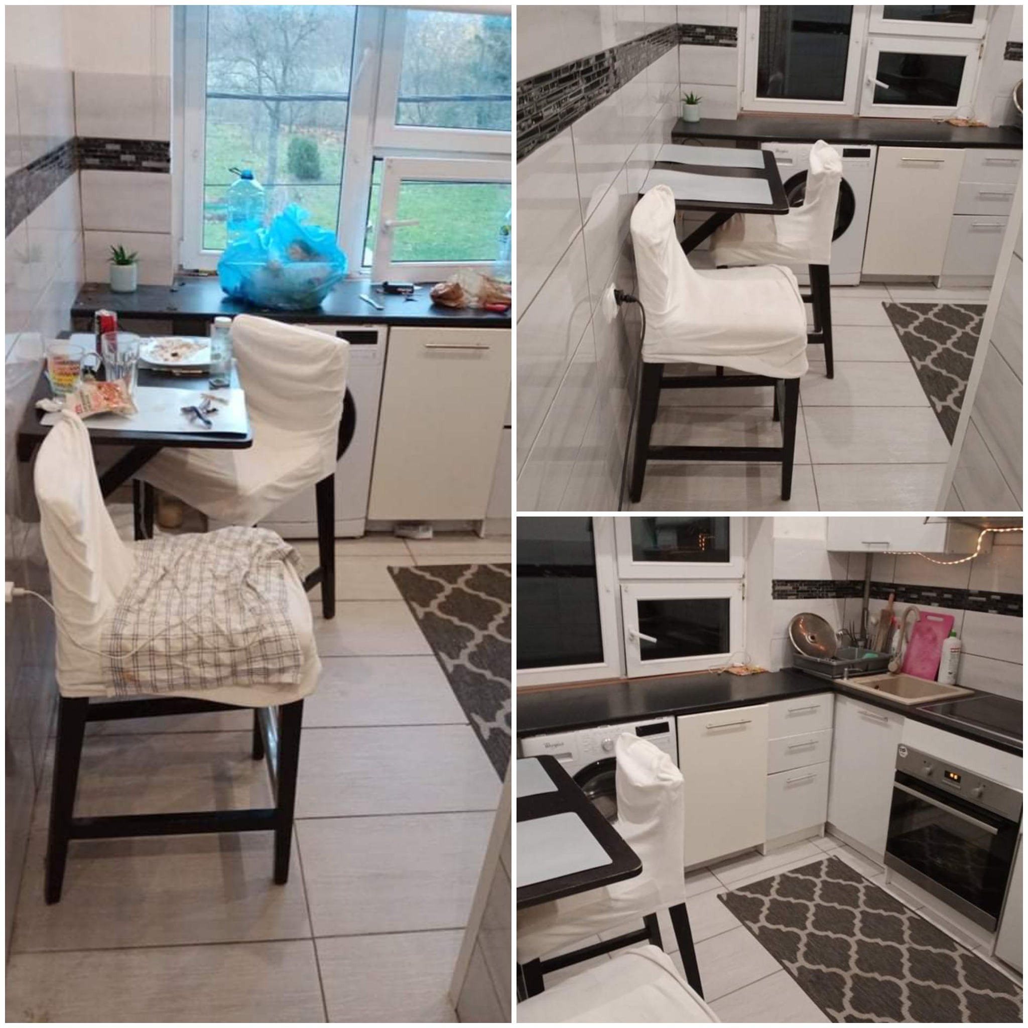 Kuchenne wnętrze przed sprzątaniem: brudny stół z resztkami jedzenia, krzesła przykryte białym materiałem, widoczny bałagan na blacie pod oknem, pralka i kuchenka w tle.