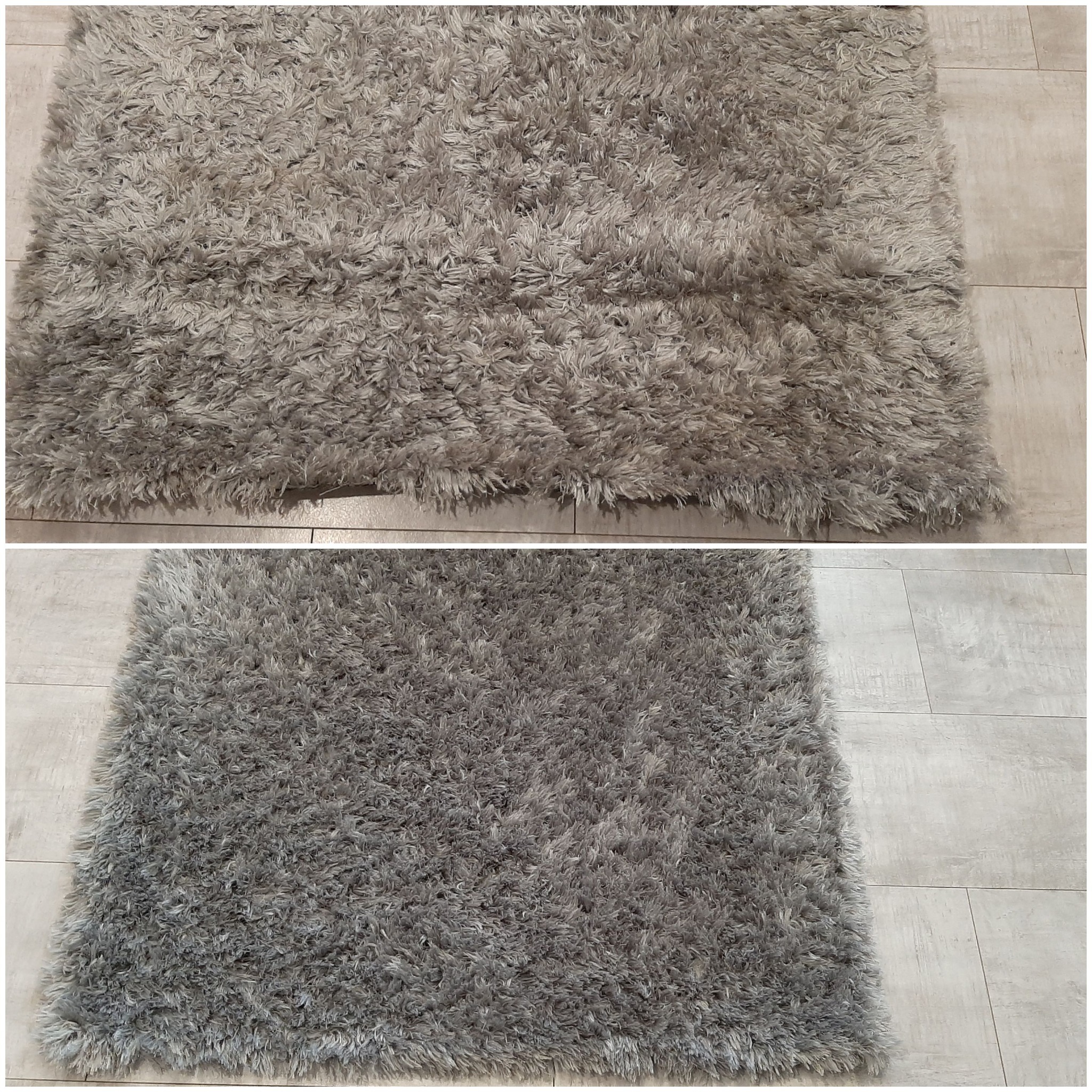Zdjęcie dywanu typu shaggy w odcieniach szarości, podzielone na dwie części: górna pokazuje dywan przed czyszczeniem, z widocznymi zabrudzeniami i plamami, a dolna prezentuje ten sam dywan po...