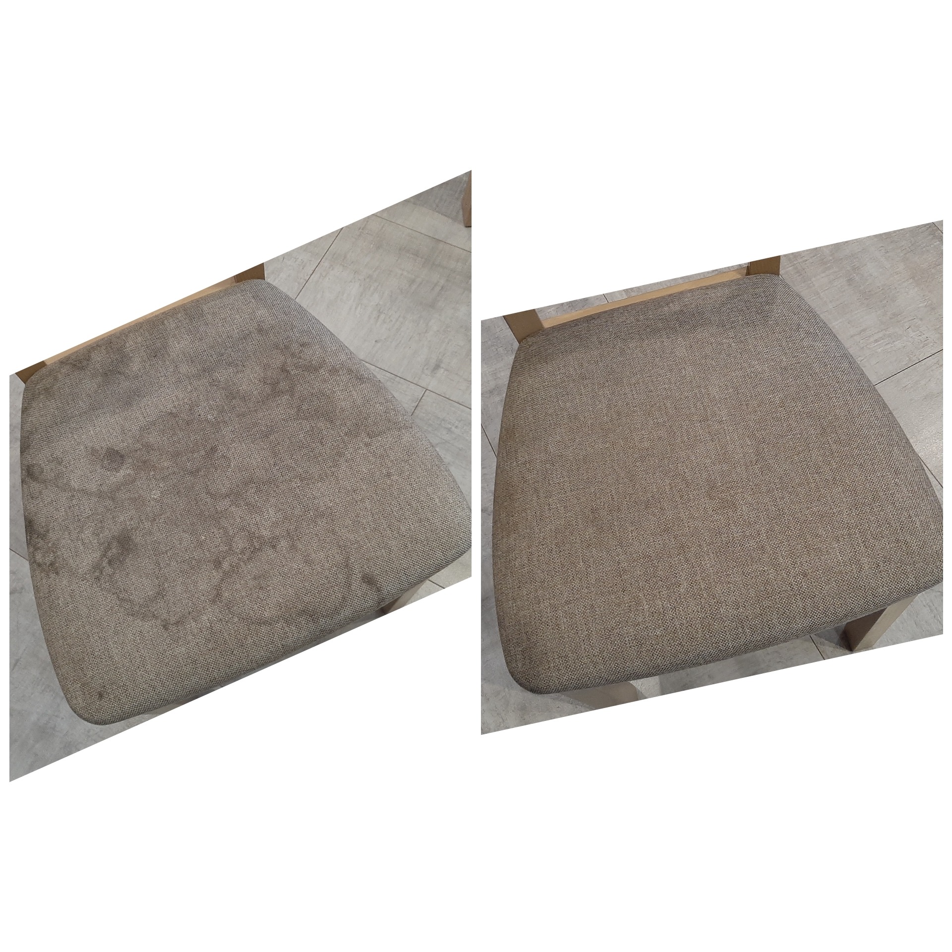 Krzesło tapicerowane beżową tkaniną przed i po czyszczeniu, widoczne różnice w usunięciu plam i zabrudzeń.