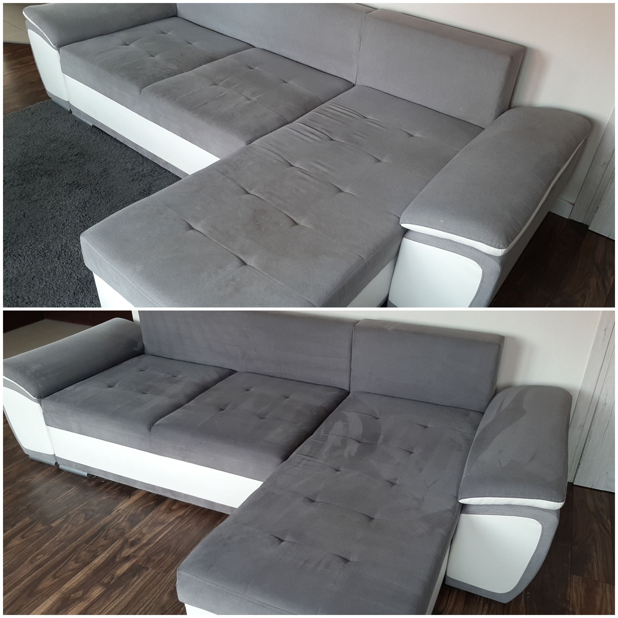 Dwu-ujęciowy widok szarej, narożnej kanapy z białymi elementami, widoczne plamy i zabrudzenia na tapicerce.