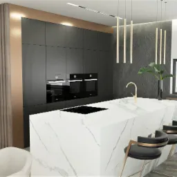 Wizualizacja nowoczesnej kuchni z wyspą o marmurowym blacie, złotą armaturą i czarnymi szafkami w tle, oświetlonej wiszącymi lampami.