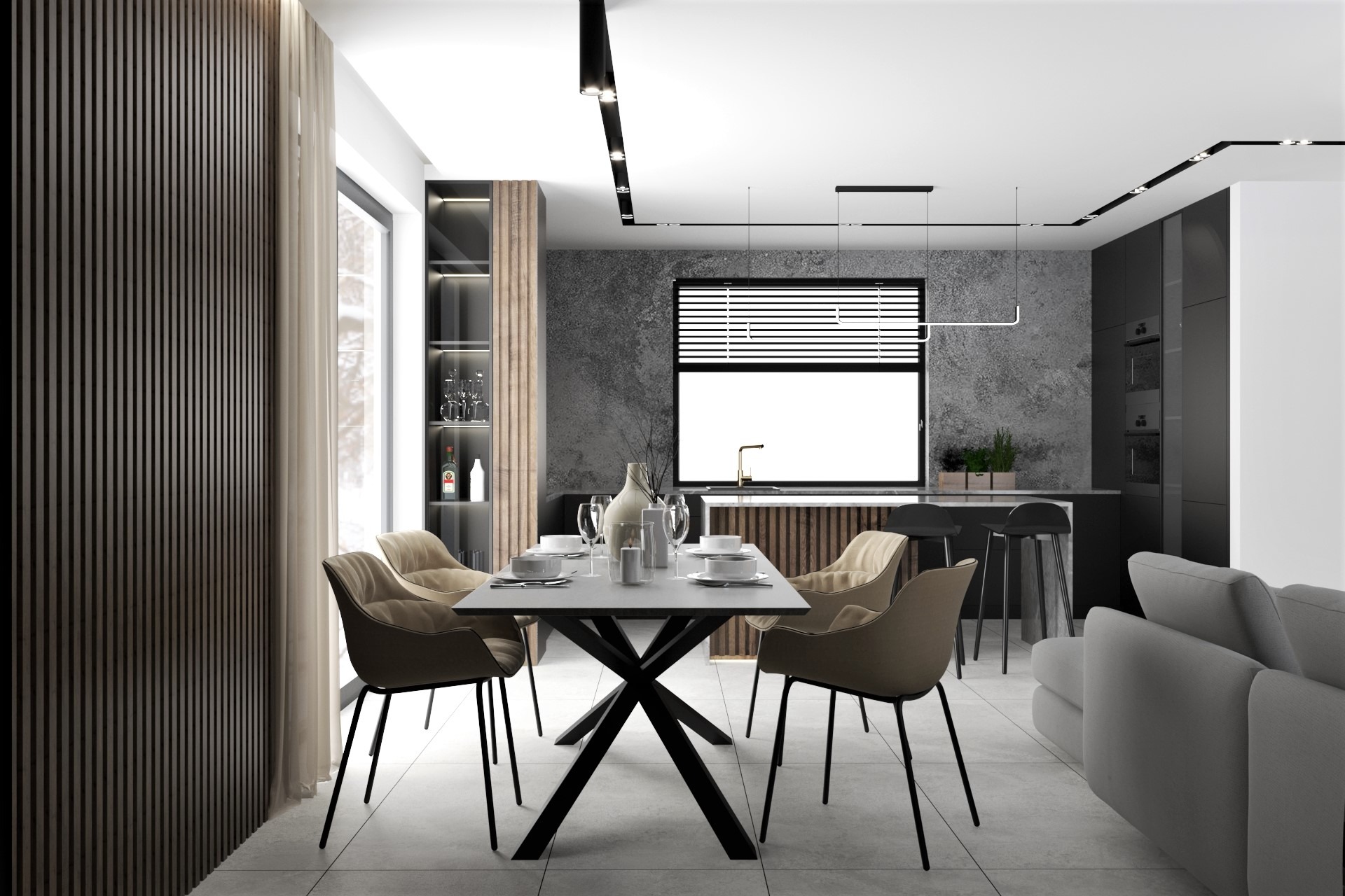 Nowoczesna jadalnia z czarnym stołem na krzyżakowej podstawie, beżowymi krzesłami i minimalistyczną zastawą stołową, widok na otwartą kuchnię z szarym blatem i drewnianymi akcentami, oświetlenie...
