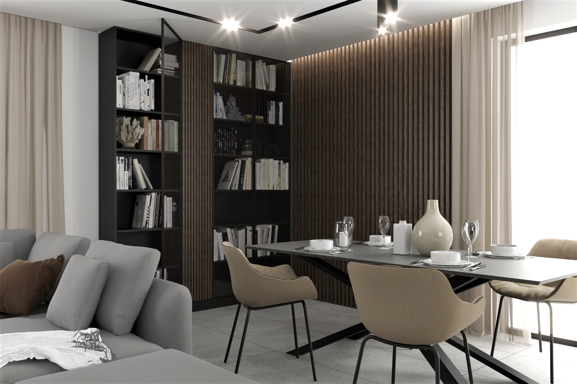 Nowoczesna jadalnia z szarym stołem, beżowymi krzesłami i regałem z książkami podświetlonym ledami, widok z salonu z szarą sofą
