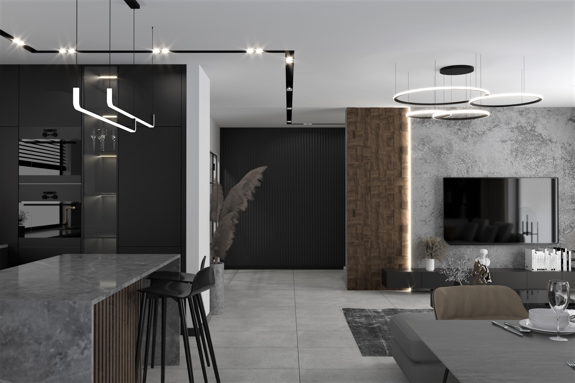 Nowoczesne wnętrze: czarna zabudowa kuchenna z marmurowym blatem, wysokie hokery, okrągłe lampy sufitowe, ściana z betonową fakturą i telewizorem, drewniana okładzina ściany, dekoracyjne trawy...