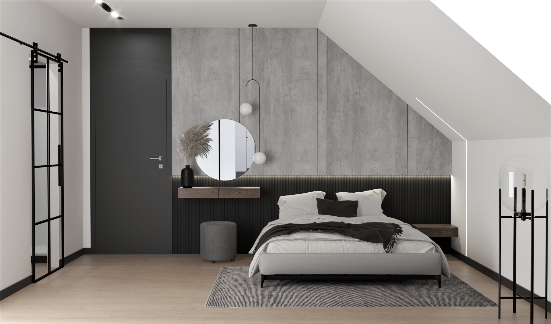Nowoczesna sypialnia na poddaszu z betonową ścianą, okrągłym lustrem nad toaletką, czarną pościelą na łóżku i przesuwnymi drzwiami ze szprosami.