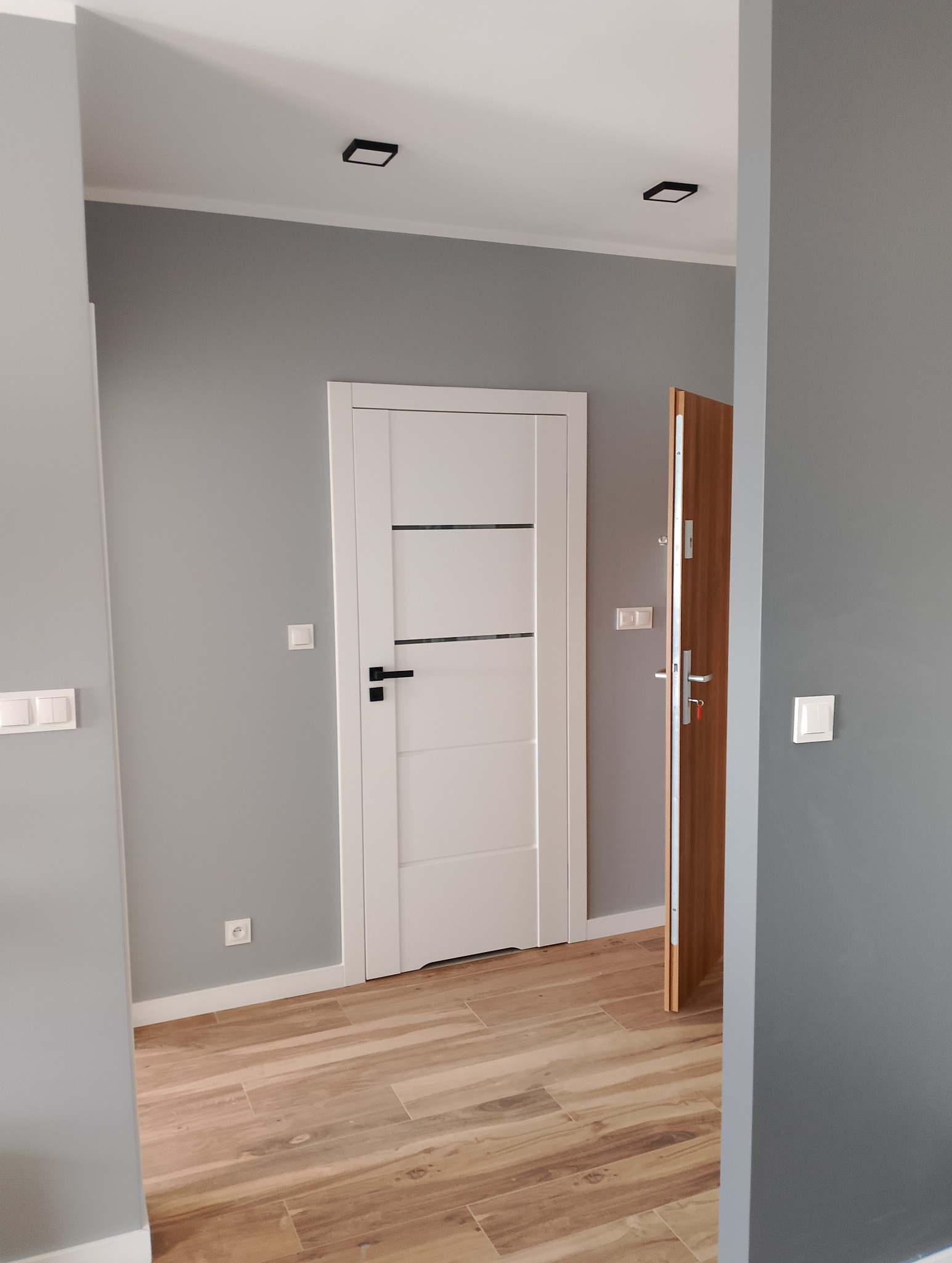 Nowoczesne wnętrze z szarymi ścianami, drewnopodobną podłogą i białymi drzwiami z czarnymi poziomymi paskami oraz czarną klamką; widoczny fragment otwartych drzwi wejściowych.