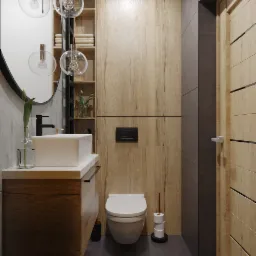 Nowoczesna łazienka z drewnianymi akcentami: wisząca szafka pod umywalką z blatem, okrągłe lustro z dekoracyjnymi lampami, toaleta podtynkowa i drewniane panele ścienne.