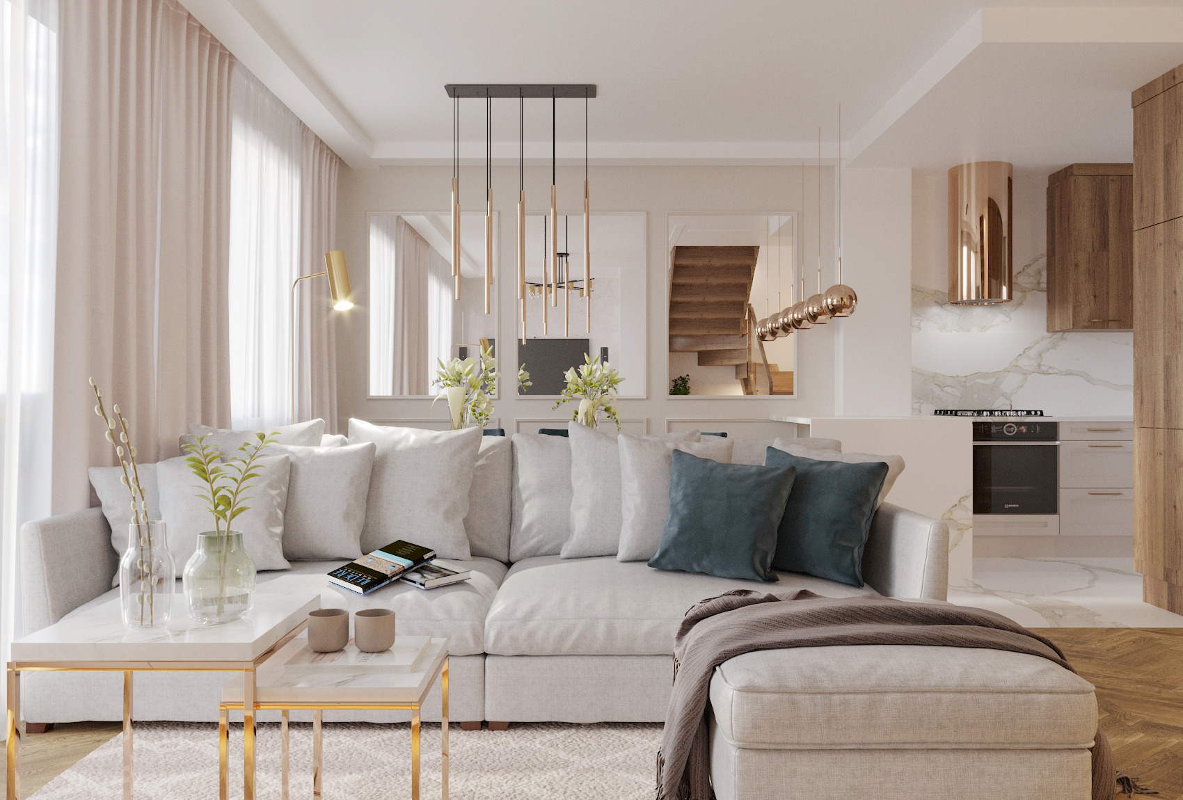Jasny salon z modułową sofą, marmurowymi stolikami kawowymi ze złotymi nogami, dekoracyjnym oświetleniem i widokiem na schody w lustrzanych panelach