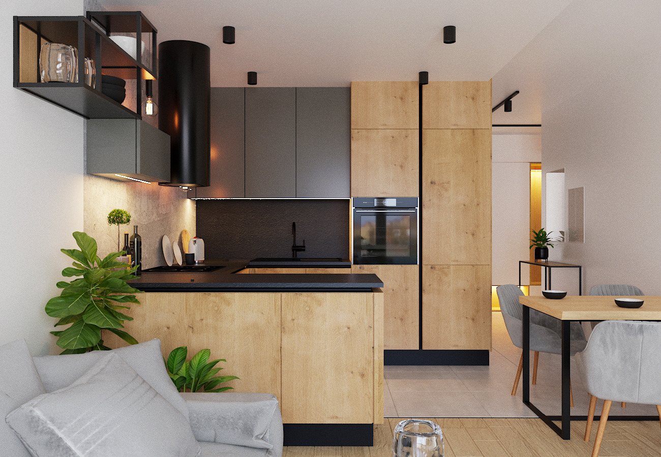 Wizualizacja nowoczesnej kuchni z drewnianymi frontami szafek, czarnym blatem i okapem, oraz szarymi szafkami wiszącymi. Widoczny fragment salonu z szarą sofą i jadalni z drewnianym stołem...