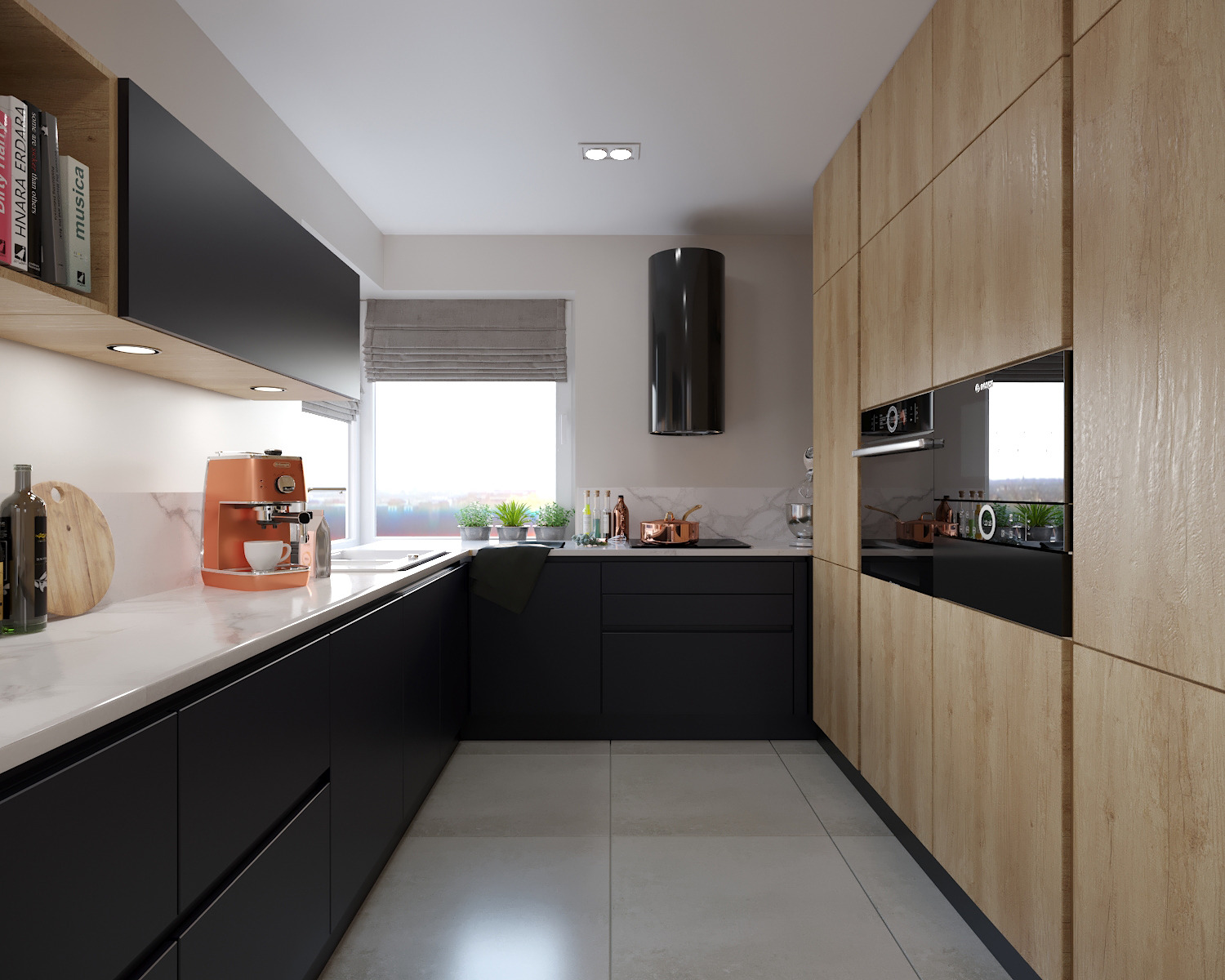 Wnętrze nowoczesnej kuchni z czarnymi szafkami dolnymi i drewnopodobnymi górnymi, marmurowym blatem, pomarańczowym ekspresem do kawy i widokiem z okna na zieleń.