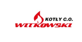 Logo firmy Witkowski Kotły C.O. z płomieniem, nazwa firmy w kolorze czerwonym, napis 'Kotły C.O.' czarną czcionką.