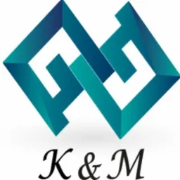 Logo firmy K&M: Dwa splecione, geometryczne kształty w odcieniach turkusu, tworzące wrażenie nieskończoności, z cieniem sugerującym trójwymiarowość.