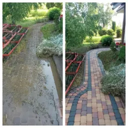 Porównanie: Brukowana ścieżka ogrodowa przed i po czyszczeniu. Lewa strona: zabrudzona, pokryta błotem i wodą. Prawa strona: czysta, z wyraźnym wzorem kostki w odcieniach brązu, beżu i grafitu.