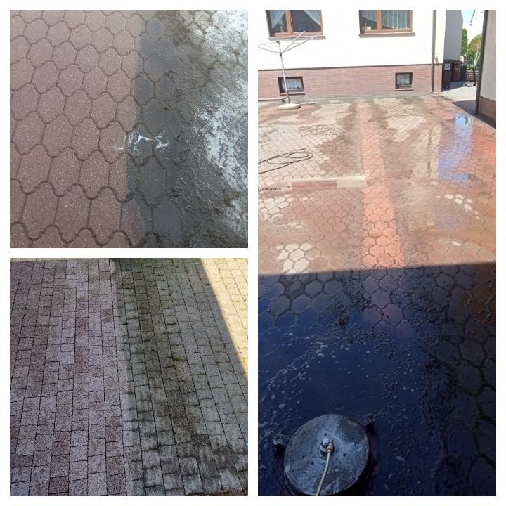 Cztery kadry z czyszczenia kostki brukowej: fragment przed i po, cała powierzchnia po czyszczeniu z widocznymi śladami wody, oraz zbliżenie na urządzenie czyszczące w trakcie pracy.