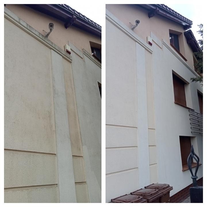 Porównanie fragmentu elewacji budynku przed i po czyszczeniu, widoczne różnice w kolorze i usunięte zabrudzenia.