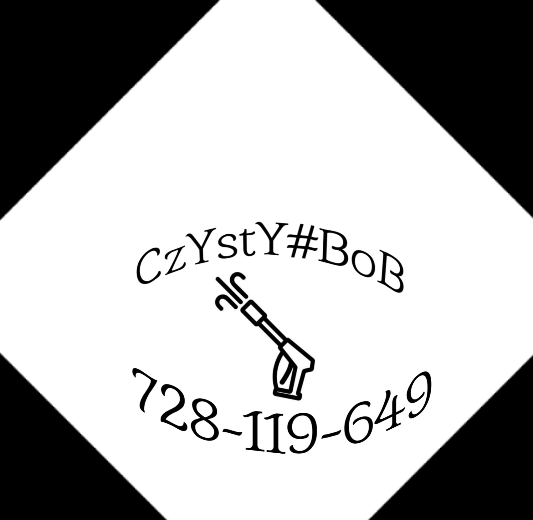 Logo firmy CzYStY#BoB z numerem telefonu 728-119-649 i graficzną reprezentacją pistoletu do mycia ciśnieniowego na białym kwadracie ustawionym na czarnym tle.