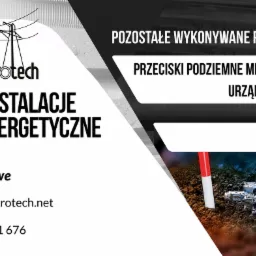Grafika reklamowa firmy Elektrotech prezentująca przeciski podziemne metodą bezwykopową z użyciem urządzenia typu 'Kret' oraz usługi koparkami, z widocznym urządzeniem w ziemi i danymi kontaktowymi.